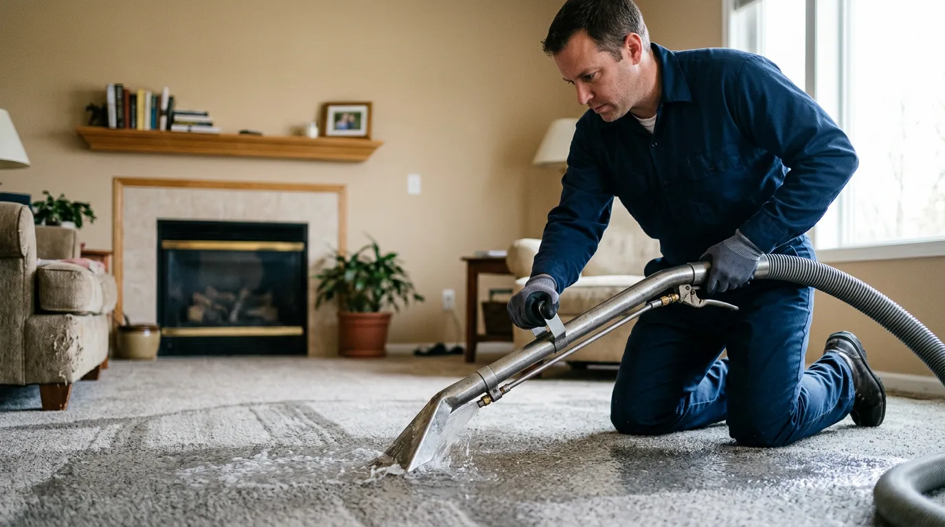 Water damage restoration technician working near Woodstock, IL